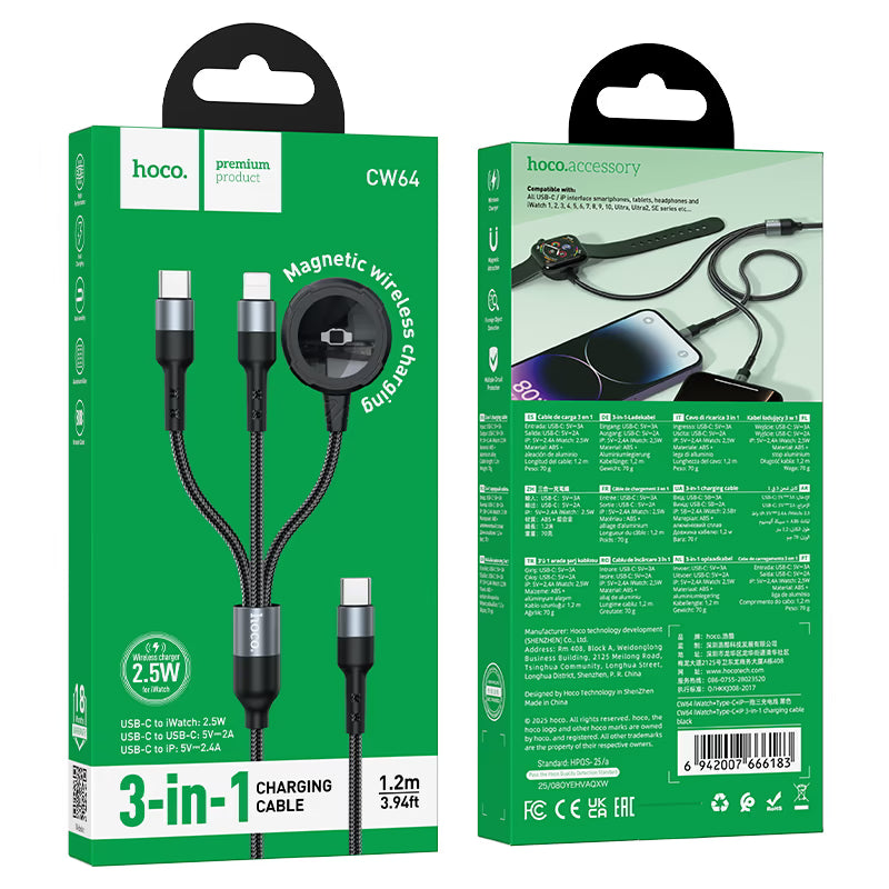 Cable 3 en 1 Tipo C a Tipo C Para Lightning y Apple Watch Hoco Cw64 Negro – imagen 5
