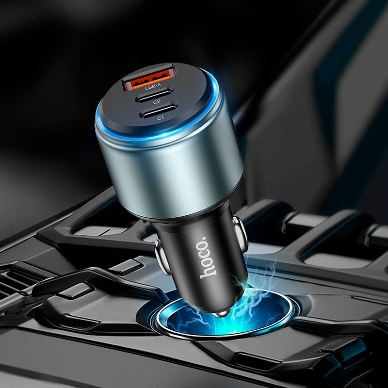Cargador De Auto Hoco Nz9 95w Triple Puerto Usb 2 Tipo C Negro – imagen 4