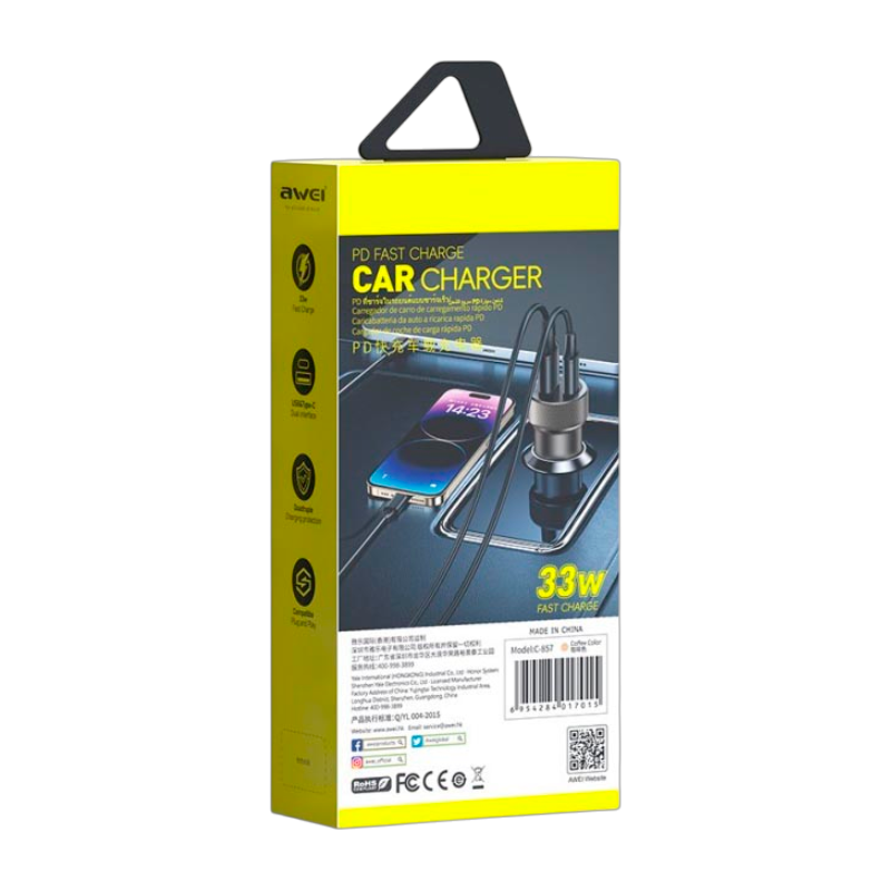 Cargador De Auto Doble Usb Tipo C Awei C-857 Negro – imagen 3