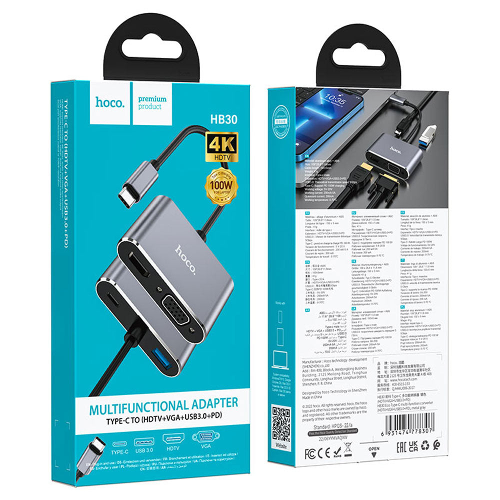 Adaptador Hoco Hb30 Eco Tipo C a HDTV Vga Usb3.0 PD Gris – imagen 3