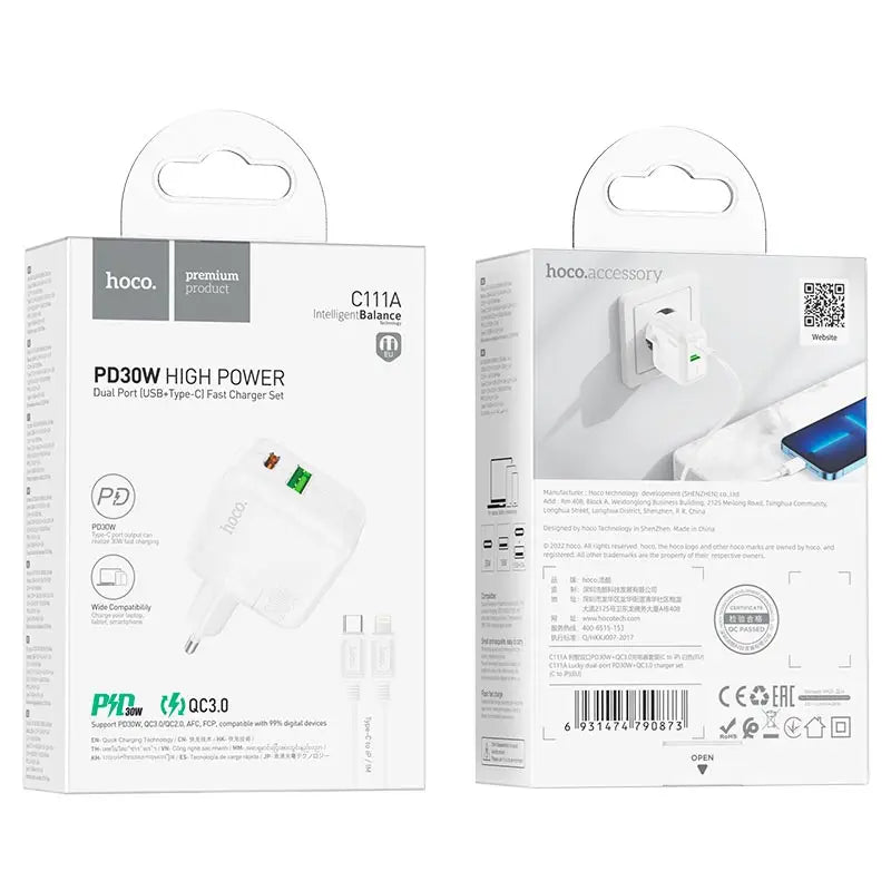 Cargador Hoco C111a 30w Carga Rapida + Cable Lightning Blanco – imagen 4