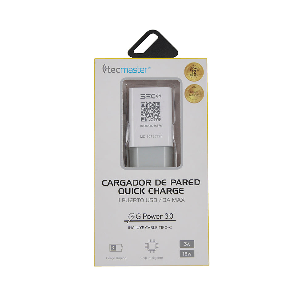 Cargador Tecmaster TM-200516 Carga Rapida + Cable Tipo C Blanco – imagen 3