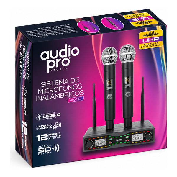 Sistema de 2 Micrófonos Inalámbricos UHF Audio Pro AP02121 Alcance 50 m 640-690 MHz