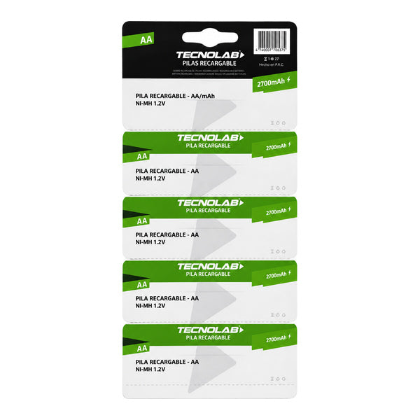 Pack 5 Pilas Recargables AA Tecnolab 2700mAh Ni-MH TL727