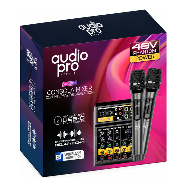 Consola de Sonido 4 Canales con 2 Micrófonos Inalámbricos 2.4GHz Audio Pro AP02122