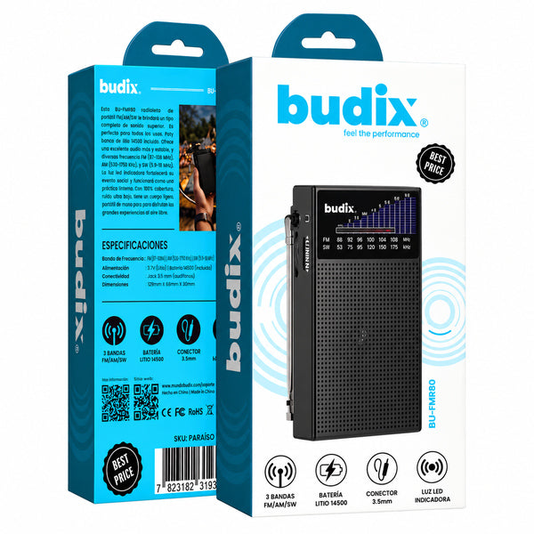 Radio Portatil Budix BU-FMRDO Led 3 Bandas Negro