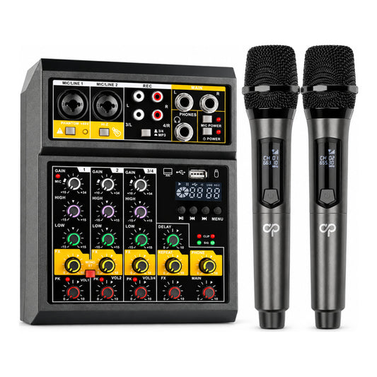 Consola de Sonido 4 Canales con 2 Micrófonos Inalámbricos 2.4GHz Audio Pro AP02122