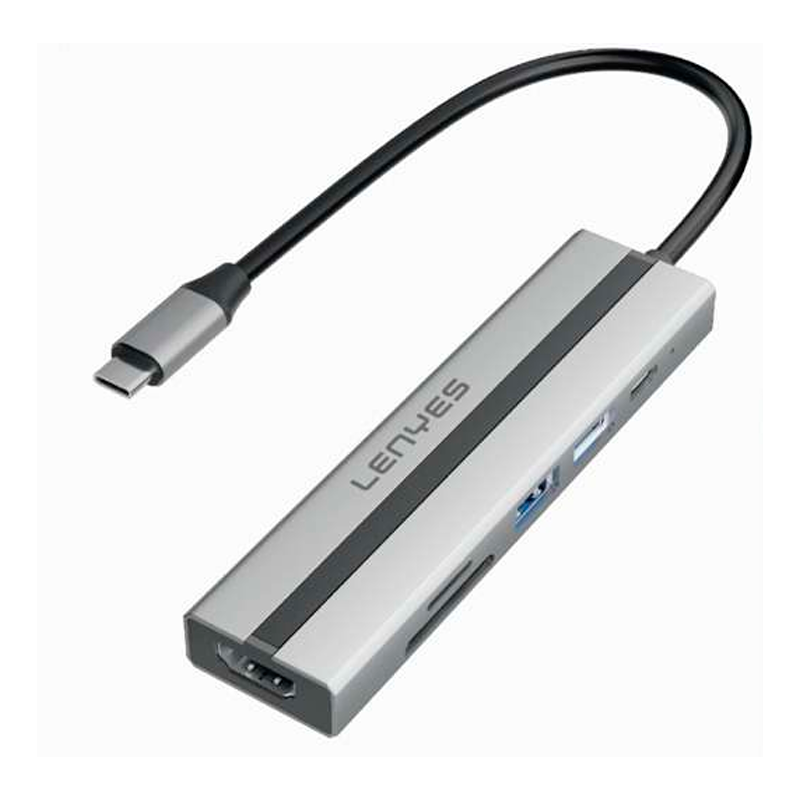 Adaptador Hub Lenyes 6 en 1 Ax128 Tipo C Usb 3.0 Hdmi Micro Sd Gris