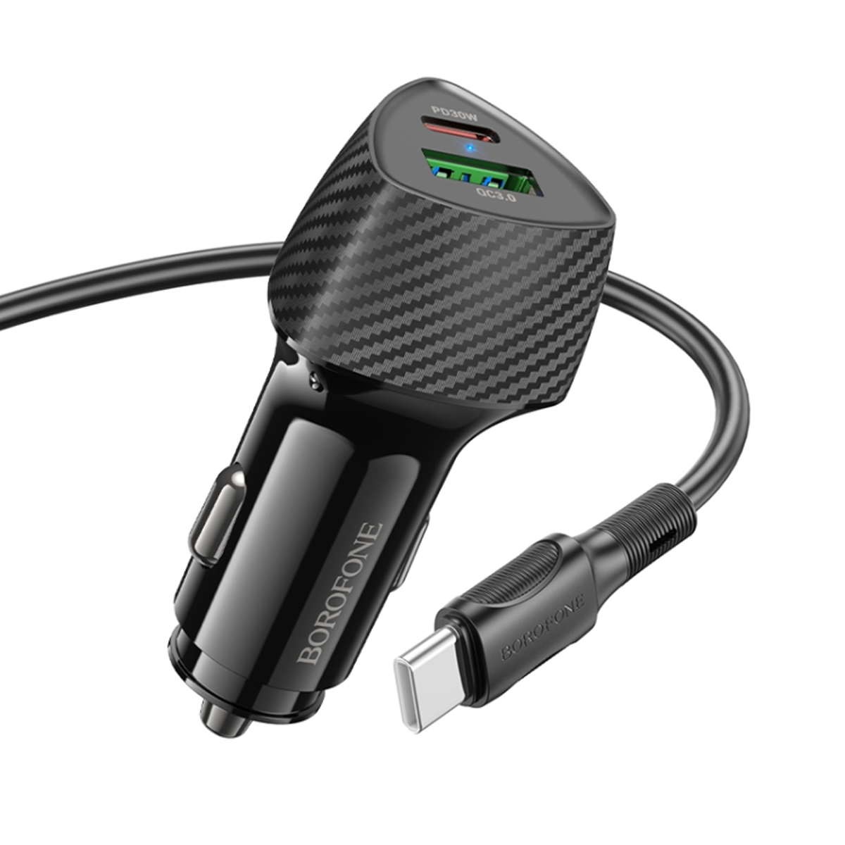 Cargador de Auto Borofone Bz31c 30w Dual + Cable Tipo C Negro