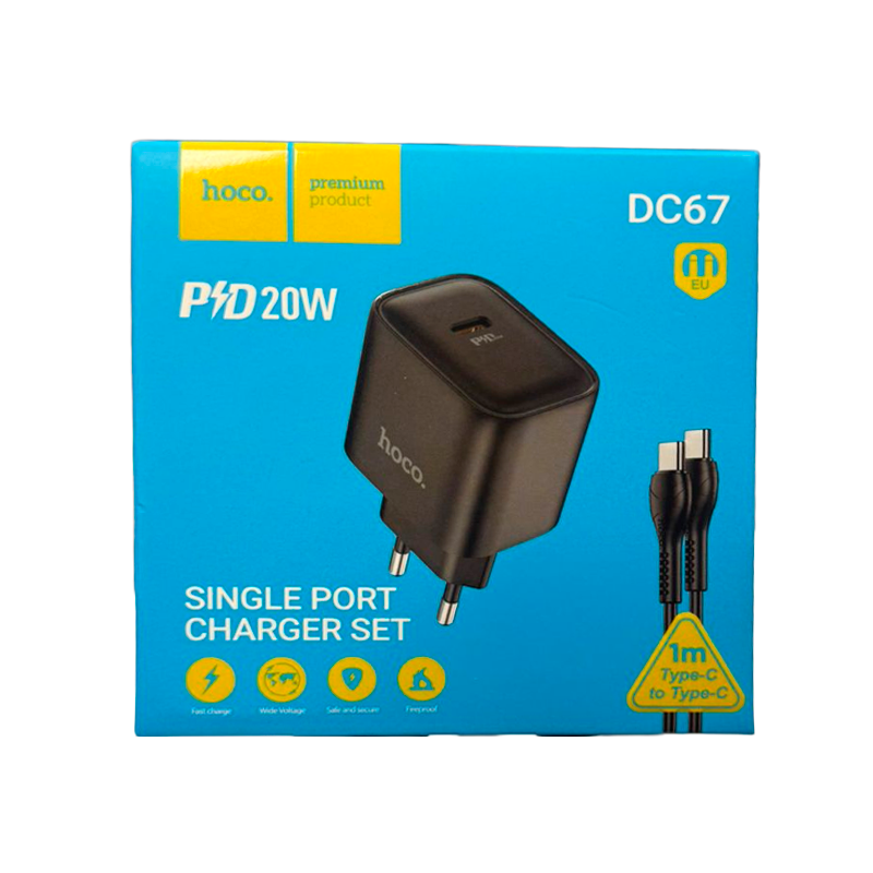 Cargador Carga Rapida Hoco Dc67 20w Tipo C + Cable Negro