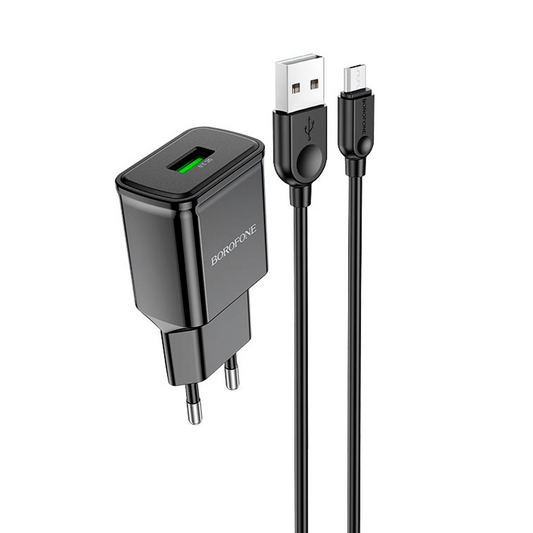 Cargador Borofone Ba56a Qc 3.0 Carga Rapida + Cable Micro Usb Negro