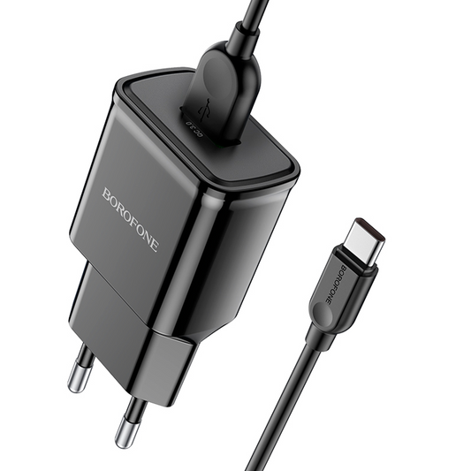 Cargador Borofone Ba56a Qc 3.0 Carga Rapida + Cable Tipo C Negro