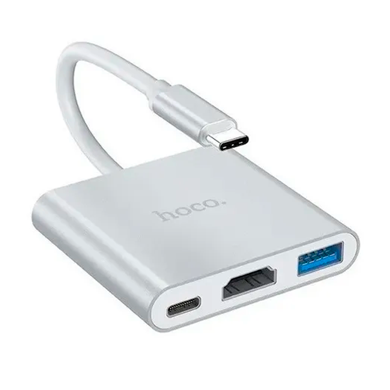 Adaptador Hub Hoco Hb14 Tipo C 3 en 1 Hdmi Usb Tipo C Gris