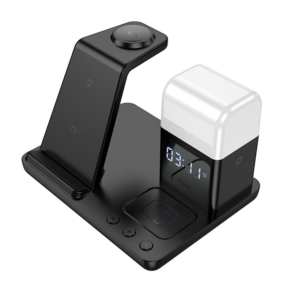 Cargador Inalámbrico 3 en 1 Hoco Cq9 15w Con Reloj Negro