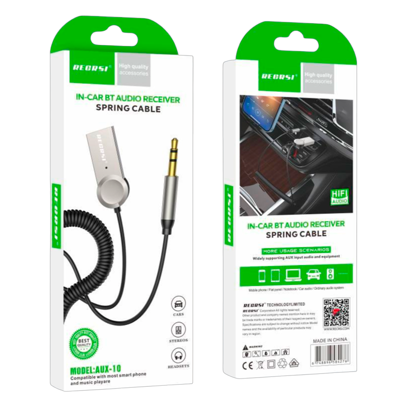 Receptor Bluetooth Auto Recrsi Aux-10 Usb a 3.5mm Gris