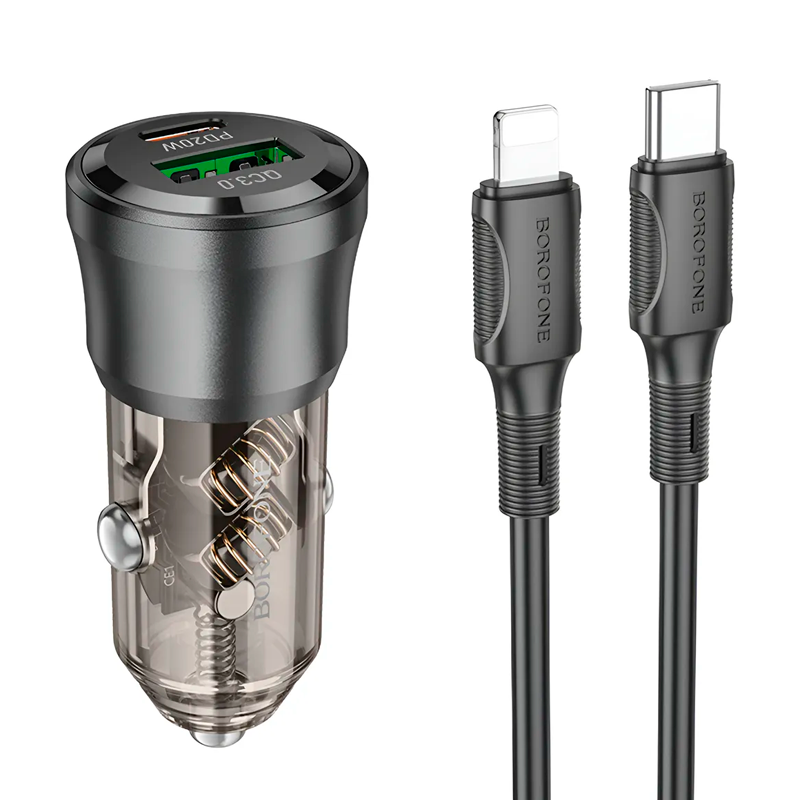 Cargador de Auto Borofone Bz25 Dual 38w + Cable Para Lightning Gris