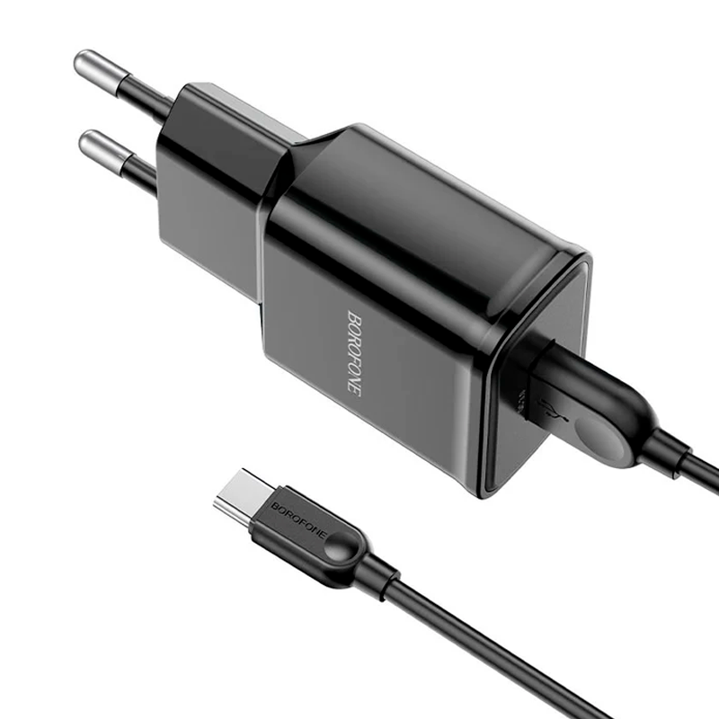 Cargador Borofone Ba59a 18w Usb Qc 3.0 + Cable Tipo C Negro