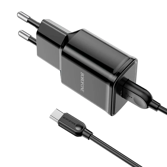 Cargador Borofone Ba59a 18w Usb Qc 3.0 + Cable Tipo C Negro