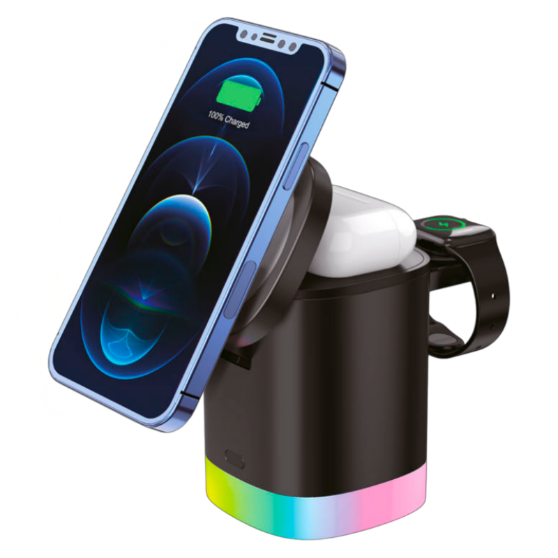 Cargador Inalámbrico 3 en 1 Motomo T-15 Magnetico Rgb Negro