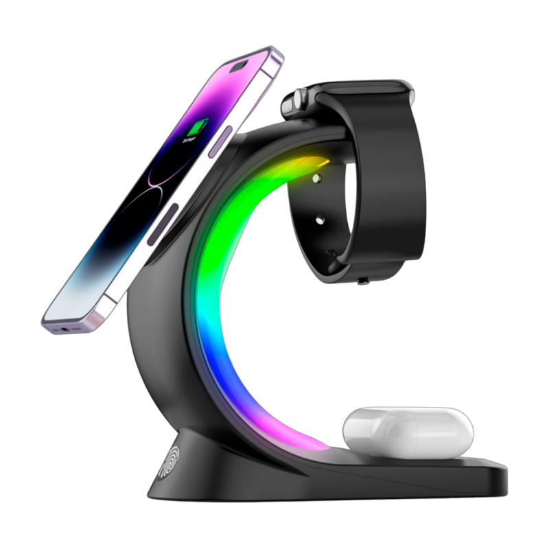 Cargador Inalámbrico 3 en 1 Motomo T-17 Magnetico Rgb Negro