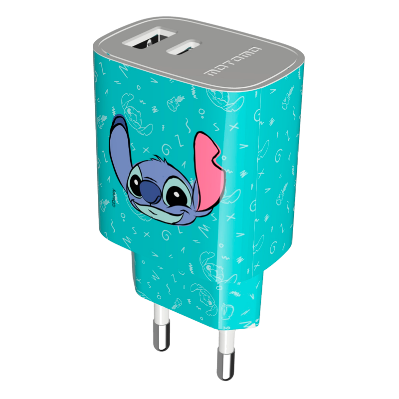 Cargador Rápido Disney 20w Dual Usb + Cable Lightning Stitch Azul