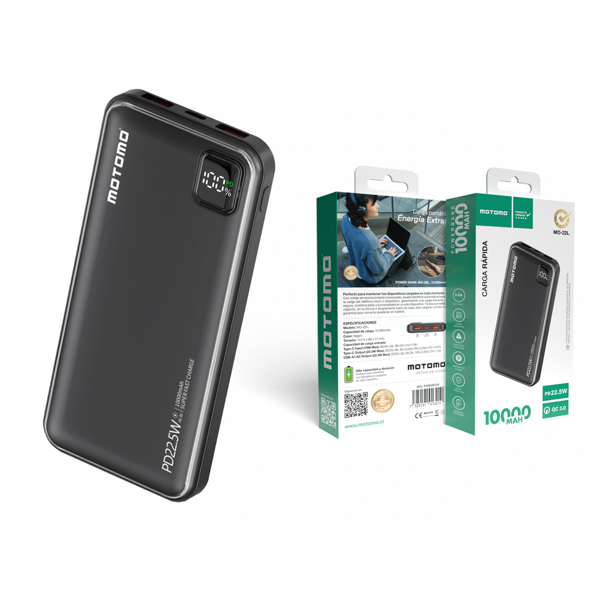 Powerbank Carga Rapida Motomo Mo-22l 10000 Mah Negro – imagen 3