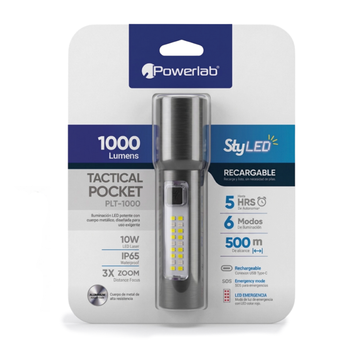 Linterna Powerlab 9715 1000 Lumen Recargable Gris