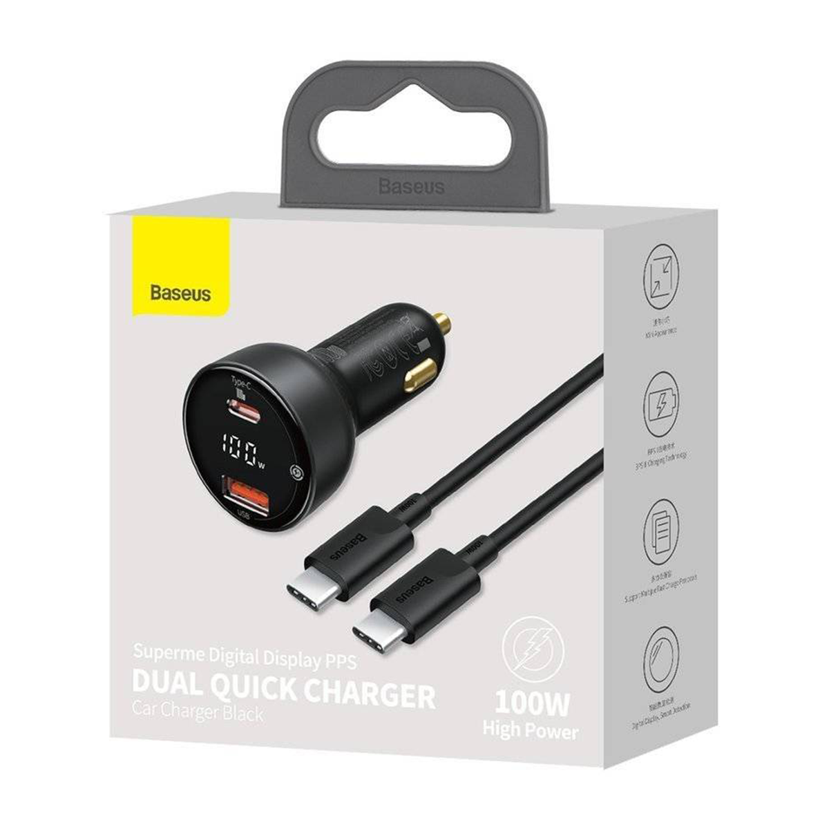 Cargador Auto PPS Dual QC 3.0 65 W + Cable USB C 100w Negro