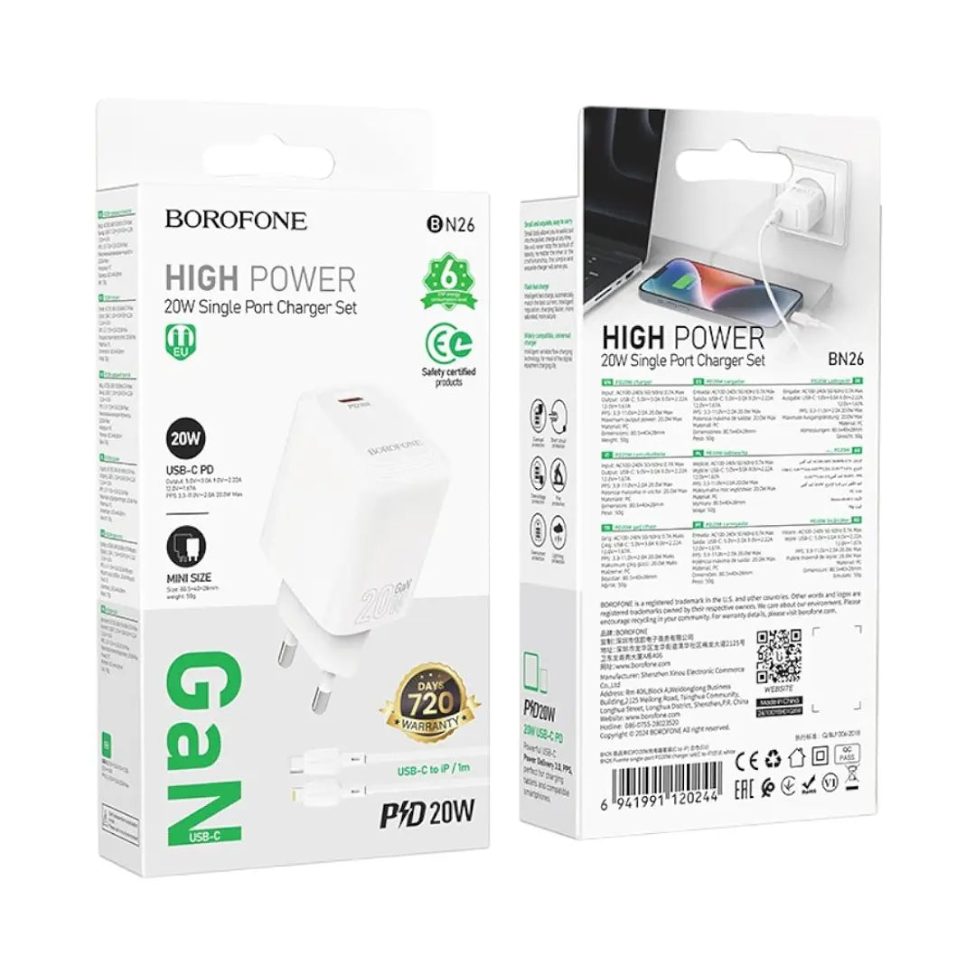 Cargador Borofone Bn26 20w + Cable Tipo C Para Lightning Blanco – imagen 3