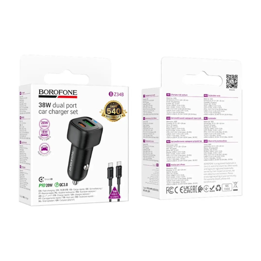 Cargador de Auto Borofone Bz34b 38w + Cable Tipo C Negro – imagen 2