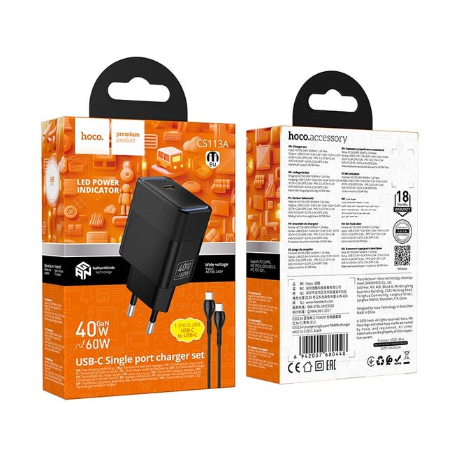 Cargador Carga Rapida Hoco Cs113a 60w (40w) Gan + Cable Tipo C Negro – imagen 3
