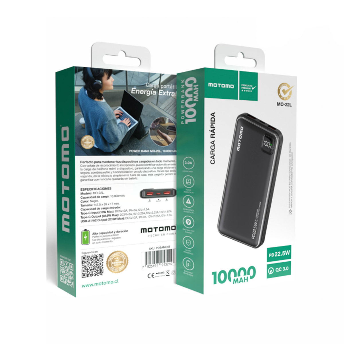 Powerbank Carga Rapida Motomo Mo-22l 10000 Mah Negro – imagen 2