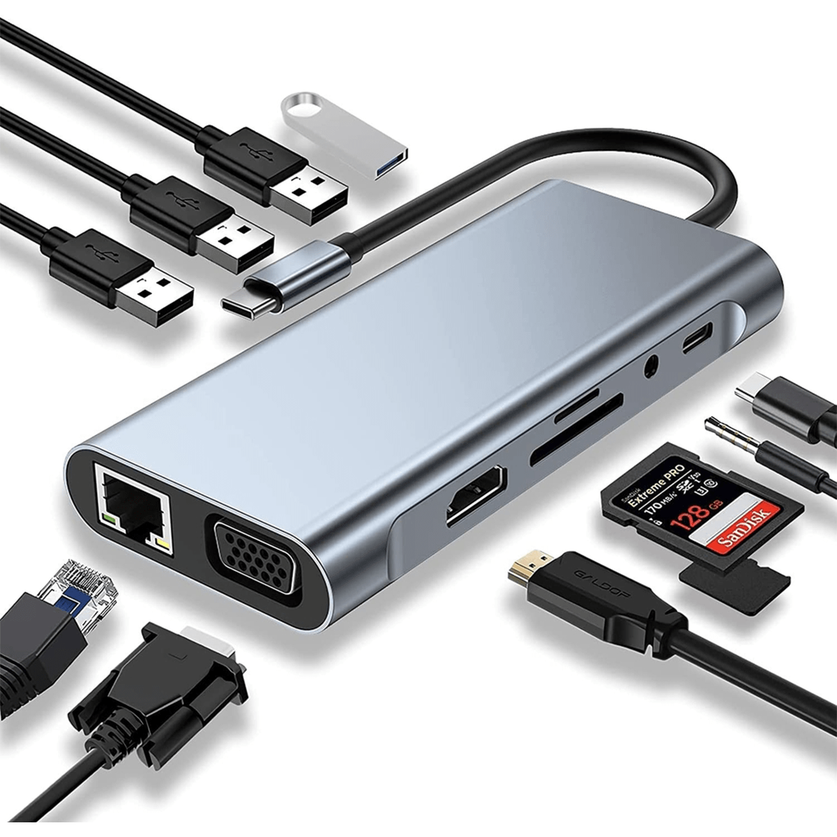 Adaptador Hub Byl-2110 Tipo C 11 en 1 Hdmi Rj45 Usb Aux Vga Gris