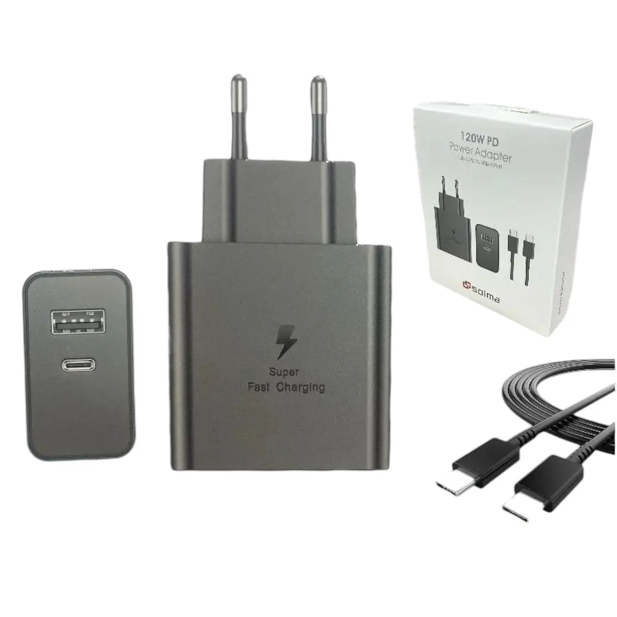 Cargador Carga Rapida Solma 120w Dual Usb + Cable Tipo C Negro