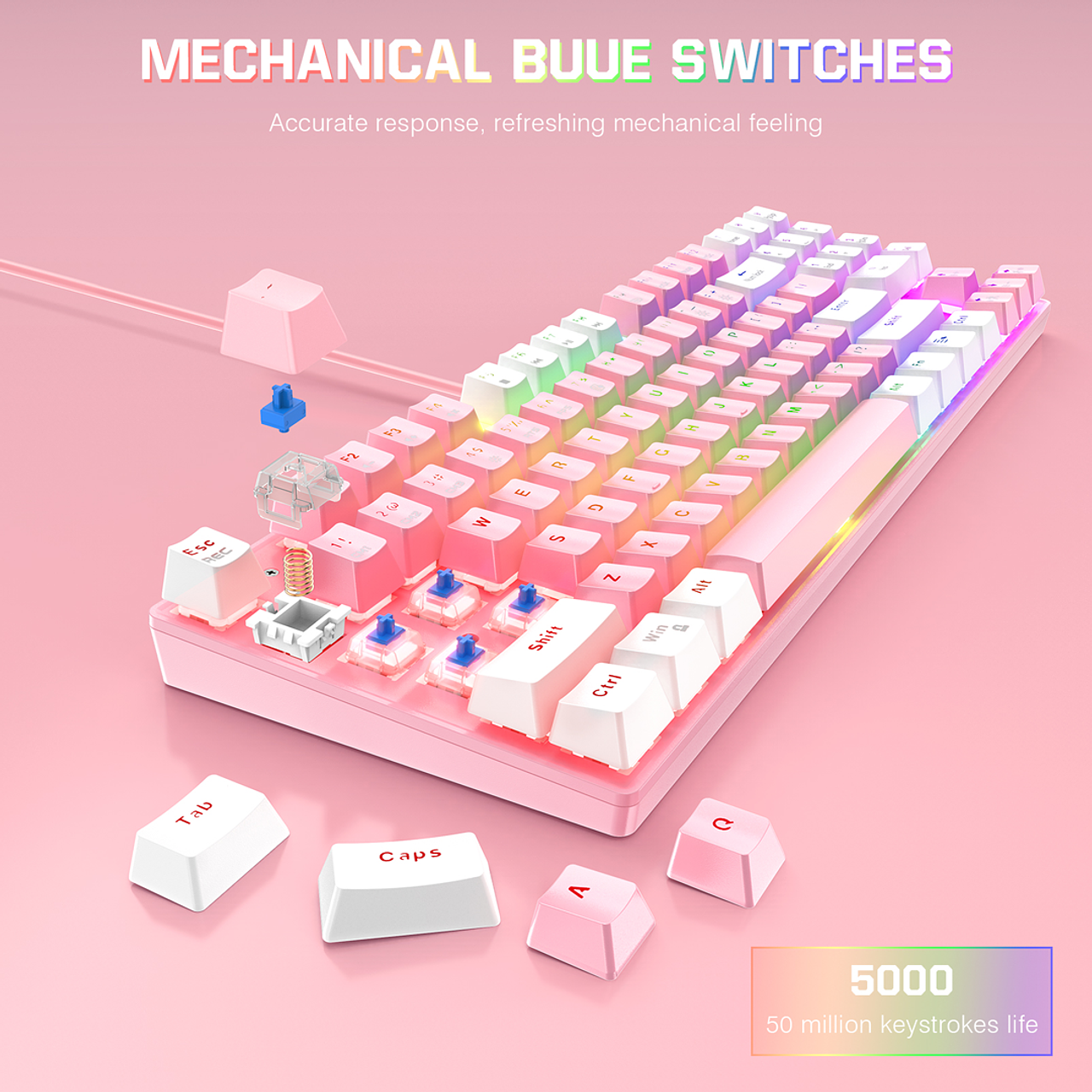 Kit Gamer Onikuma Teclado Mecanico G26 + Mouse Cw905 Blanco Rosa – imagen 5