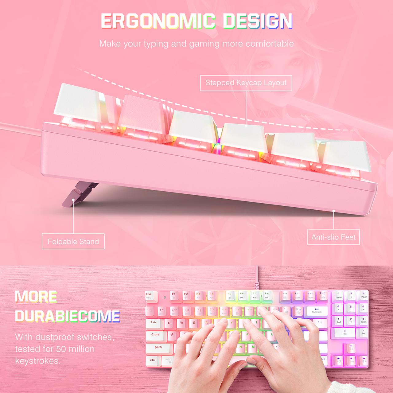 Kit Gamer Onikuma Teclado Mecanico G26 + Mouse Cw905 Blanco Rosa – imagen 3