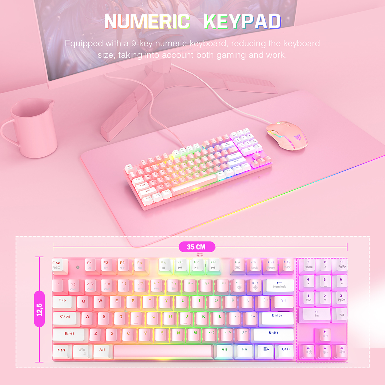 Kit Gamer Onikuma Teclado Mecanico G26 + Mouse Cw905 Blanco Rosa – imagen 2