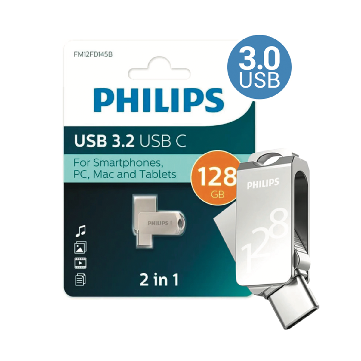 Pendrive Philips 128 GB 2 en 1 Usb Tipo C Gris