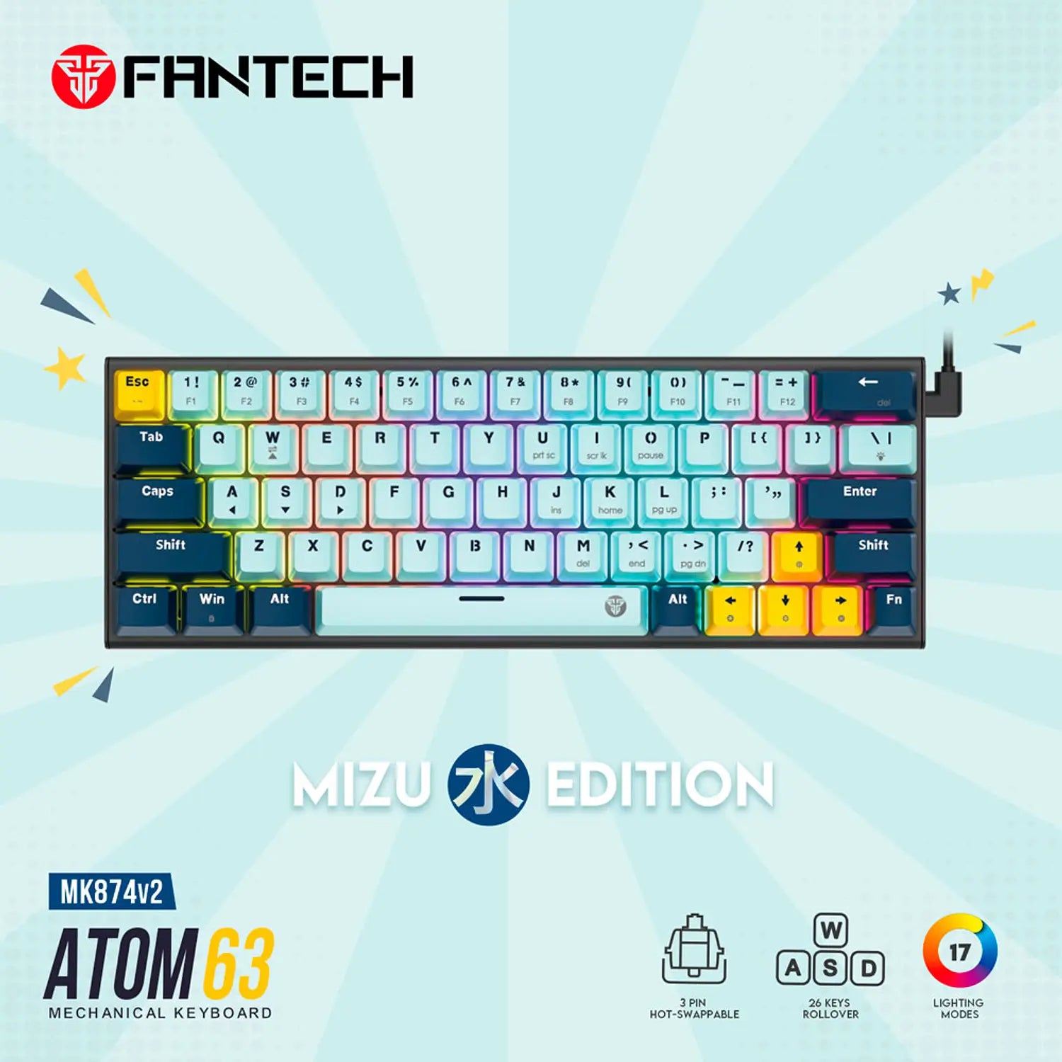 Teclado Gamer Mecanico Fantech Atom63 Rgb Sky Blue Mk874v2 – imagen 3