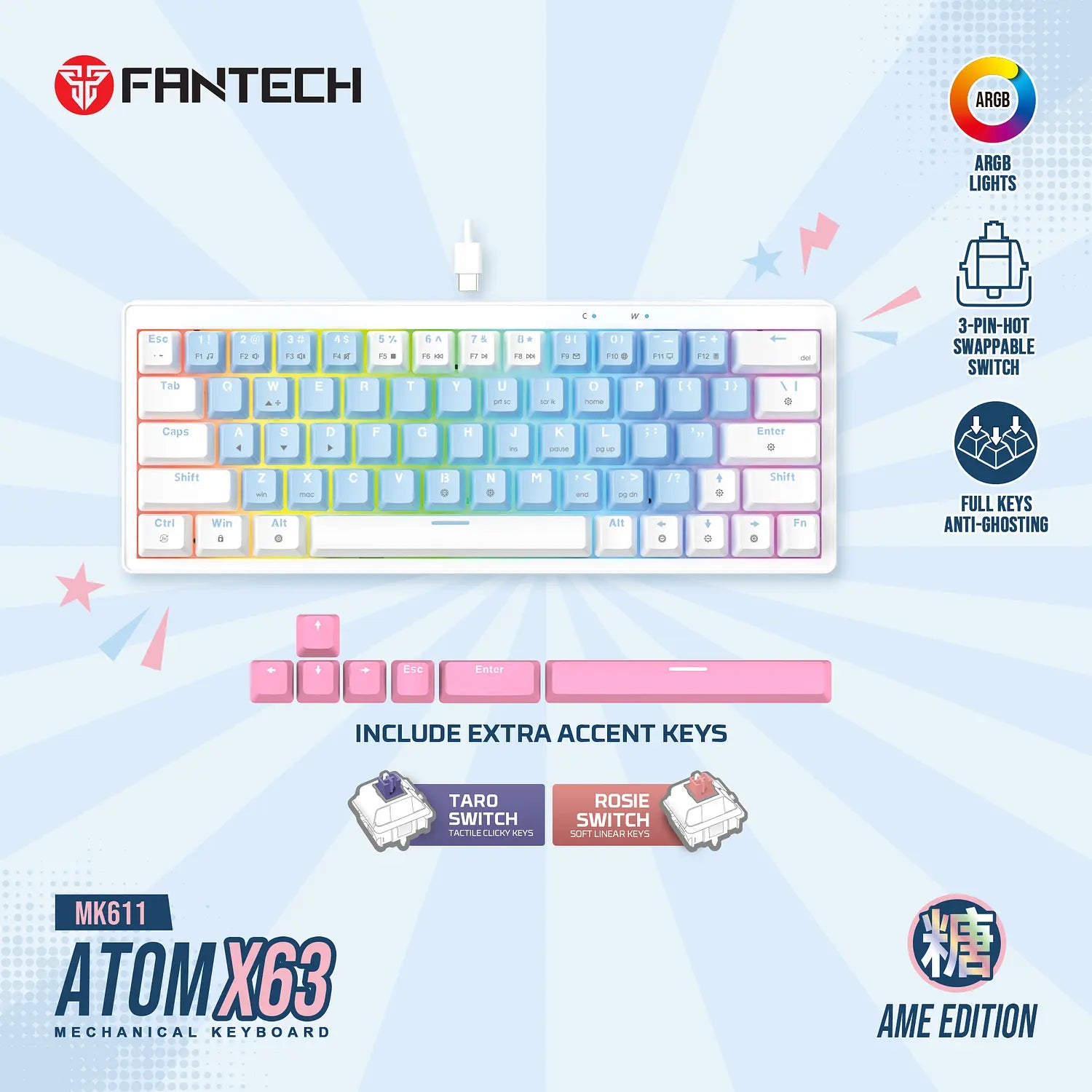 Teclado Gamer Mecanico Fantech Atom X63 Mk611 Ame Blue Switch Taro – imagen 3