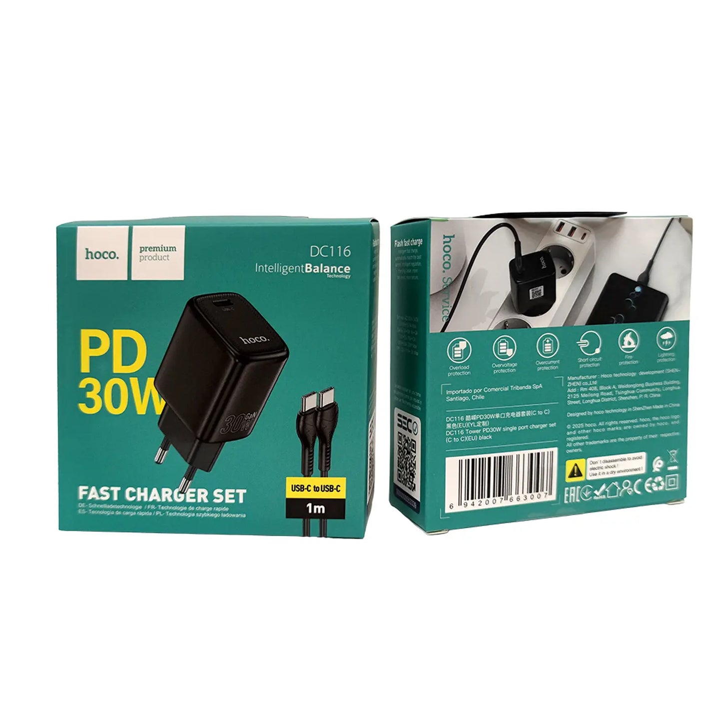 Cargador Carga Rapida Hoco Dc116 30w Tipo C + Cable Negro – imagen 2