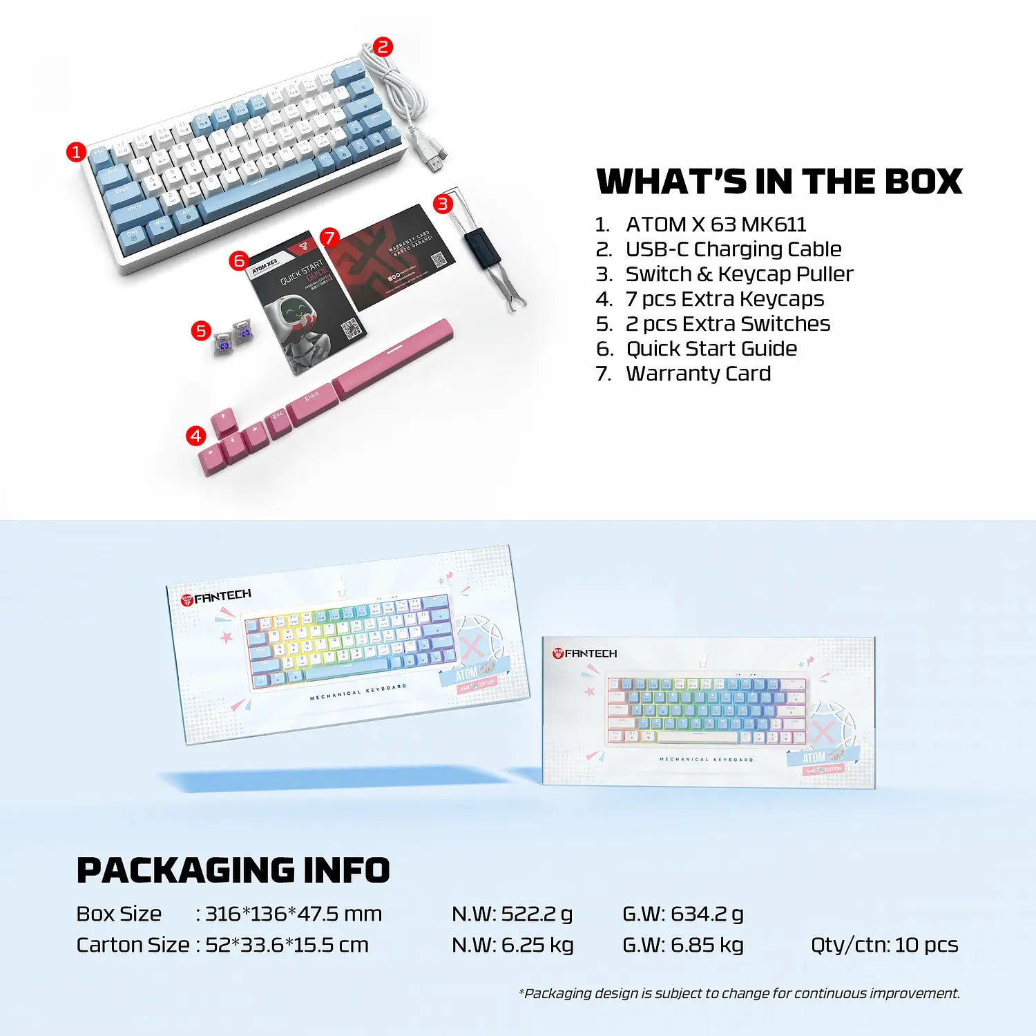 Teclado Gamer Mecanico Fantech Atom X63 Mk611 Ame White Switch Taro – imagen 4