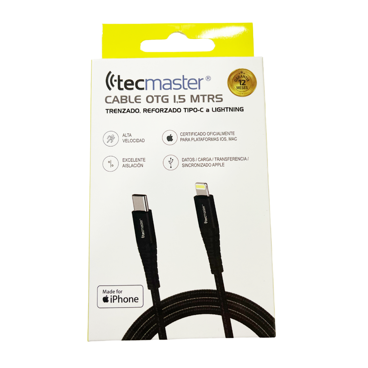 Cable Tipo C A Lightning Reforzado 1.5 Metros MFI Tecmaster Negro – imagen 2