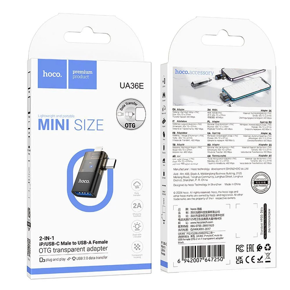 Adaptador Mini Usb a Tipo C + Lightning Hoco Ua36e Negro – imagen 4