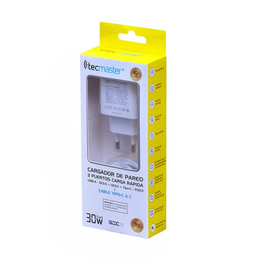 Cargador Tecmaster 30w Triple + Cable Tipo C Tm-200554 Blanco – imagen 3