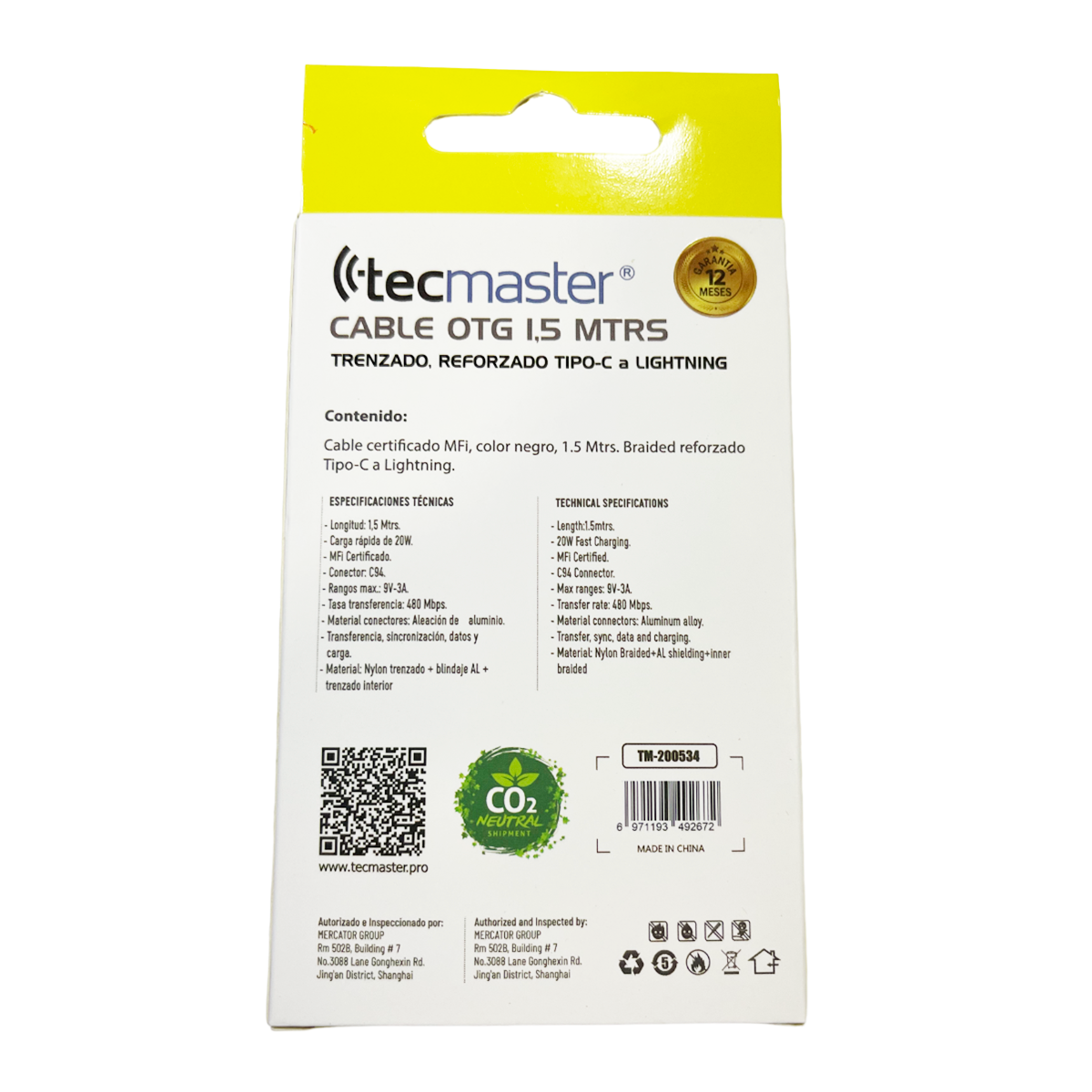 Cable Tipo C A Lightning Reforzado 1.5 Metros MFI Tecmaster Negro – imagen 3