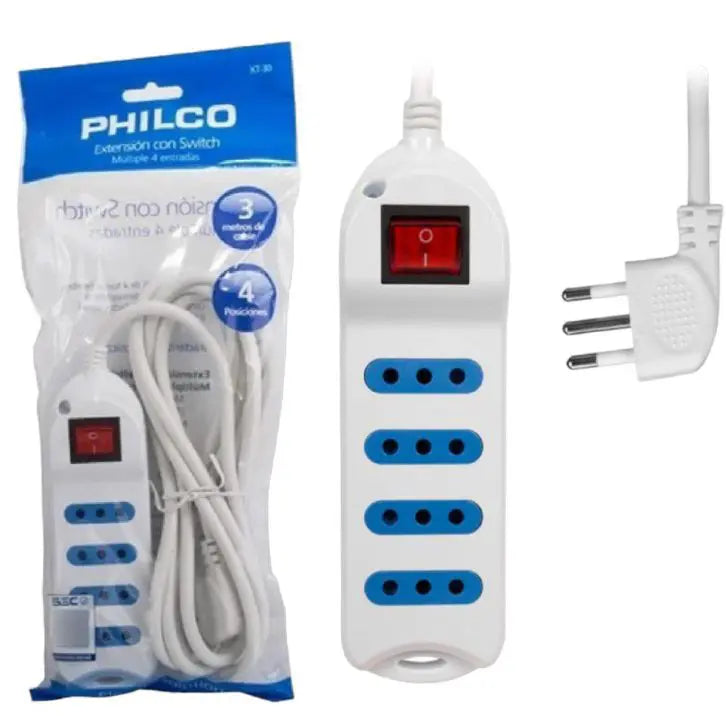 Alargador Philco Extension 4 Tomas Con Switch 3 Metros Blanco