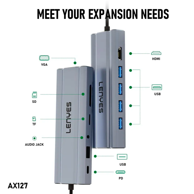 Adaptador Hub Lenyes 11 en 1 Ax127 Tipo C Usb Hdmi Micro Sd Vga – imagen 2
