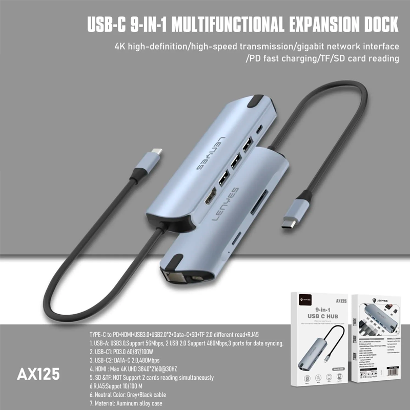 Adaptador Hub Lenyes 9 en 1 Ax125 Tipo C Usb Hdmi Micro Sd Rj45 – imagen 2