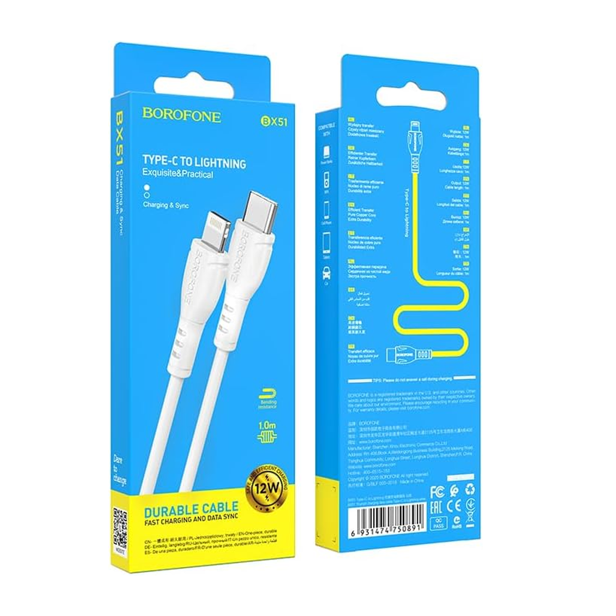 Cable Tipo C a Lightning Borofone Bx51 Triumph Blanco – imagen 2